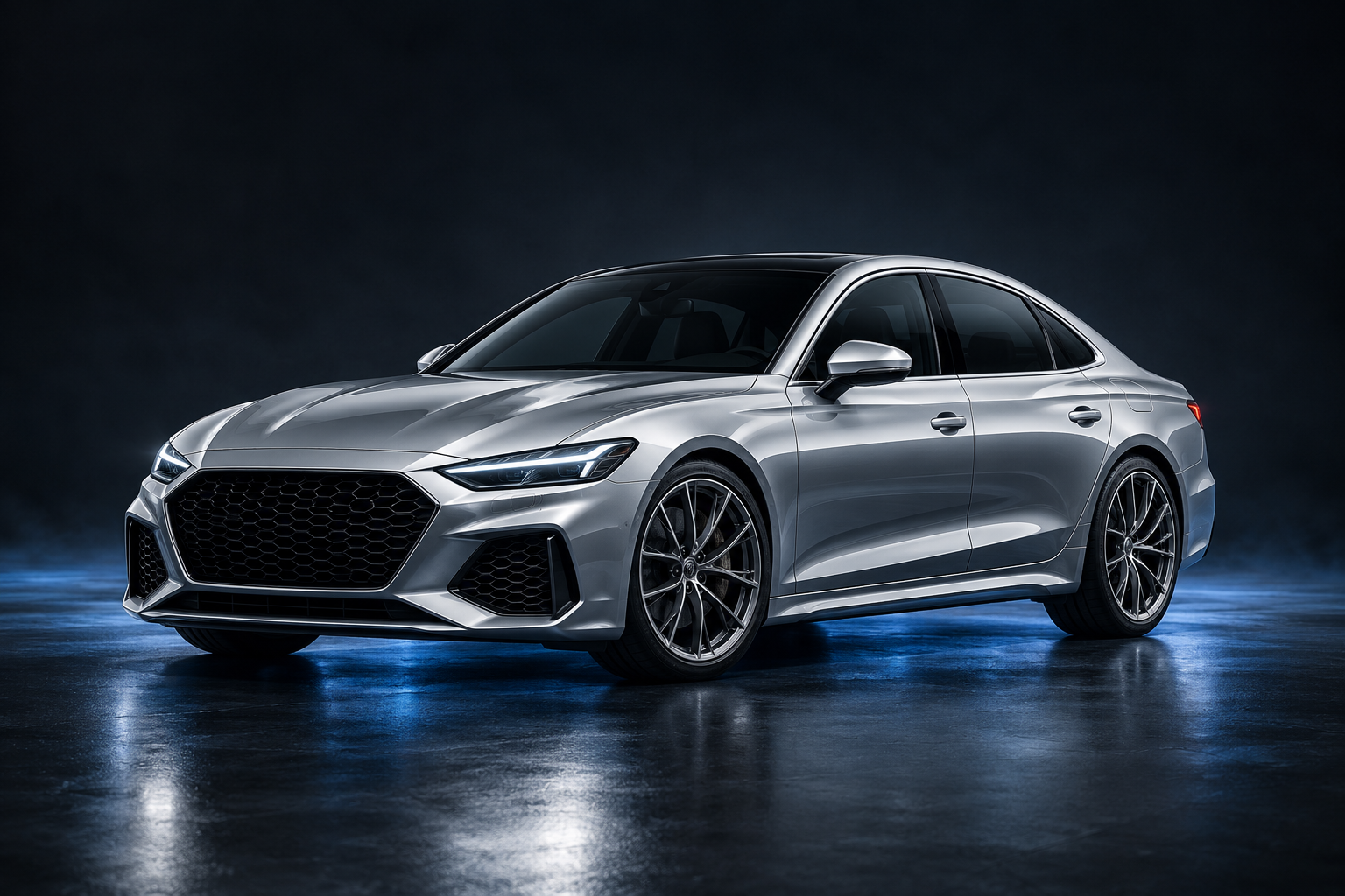 Silver performance sedan in a dark studio